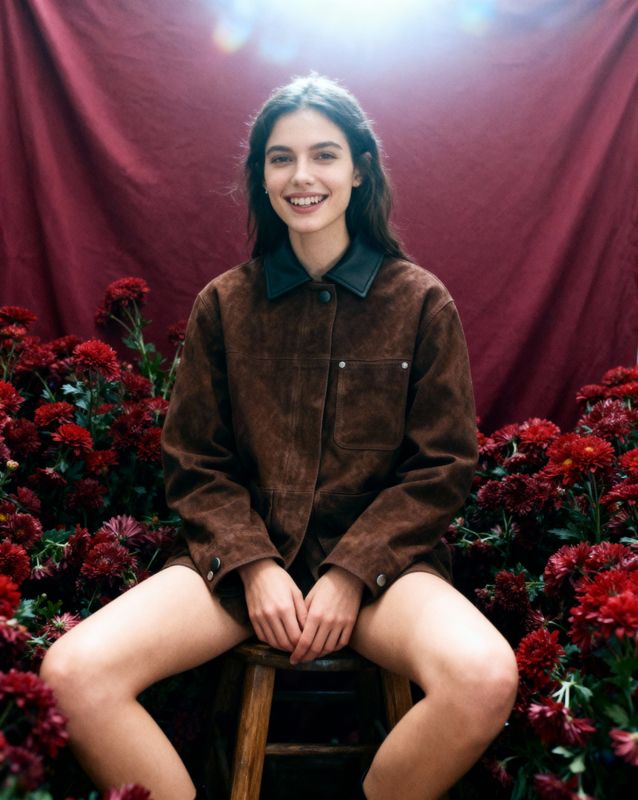 a woman sitting on a stool in front of flowers