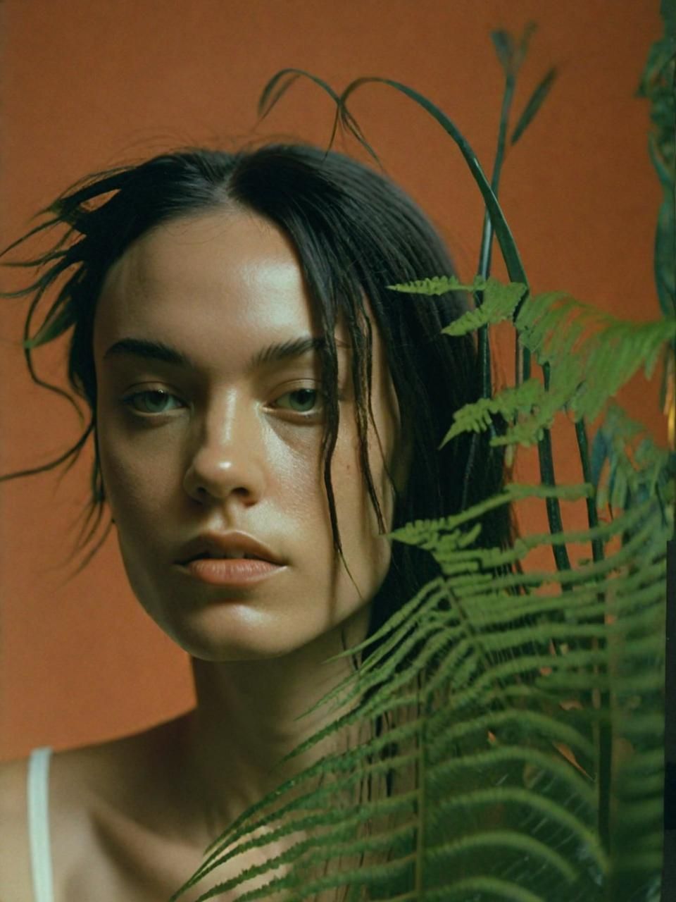 a woman standing in front of a green plant