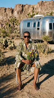 a man sitting on a chair in front of a trailer