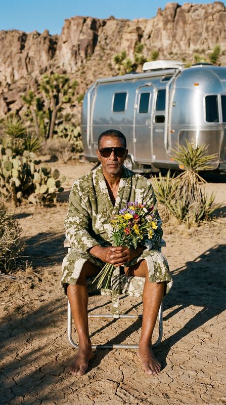a man sitting on a chair in front of a trailer