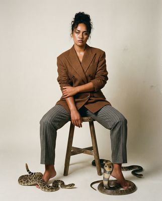 a woman sitting on a stool next to a snake