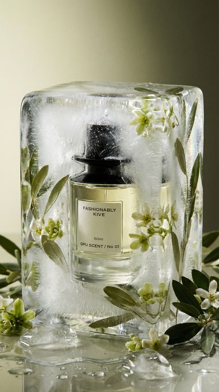 a bottle of perfume sitting on top of a ice block