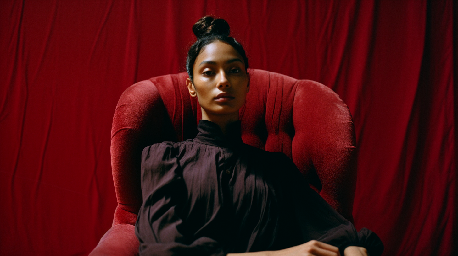 a woman sitting in a red chair in front of a red curtain