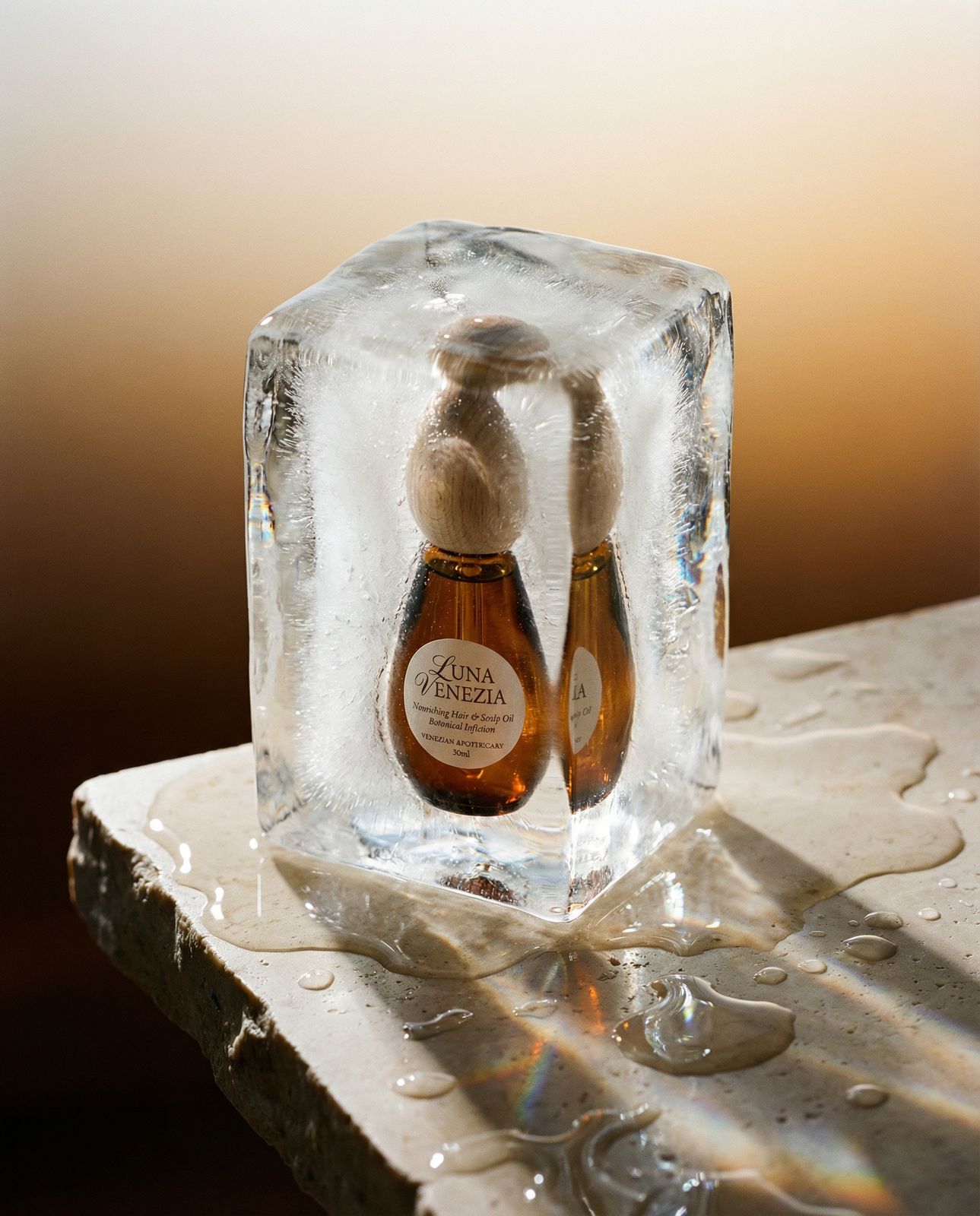 a bottle of liquid sitting on top of an ice block