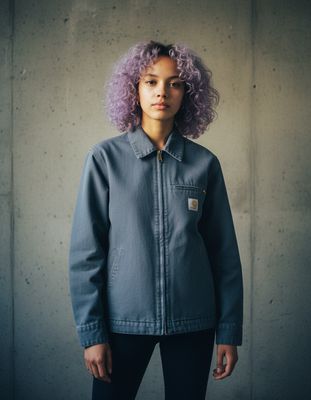 a woman with purple hair standing in front of a concrete wall