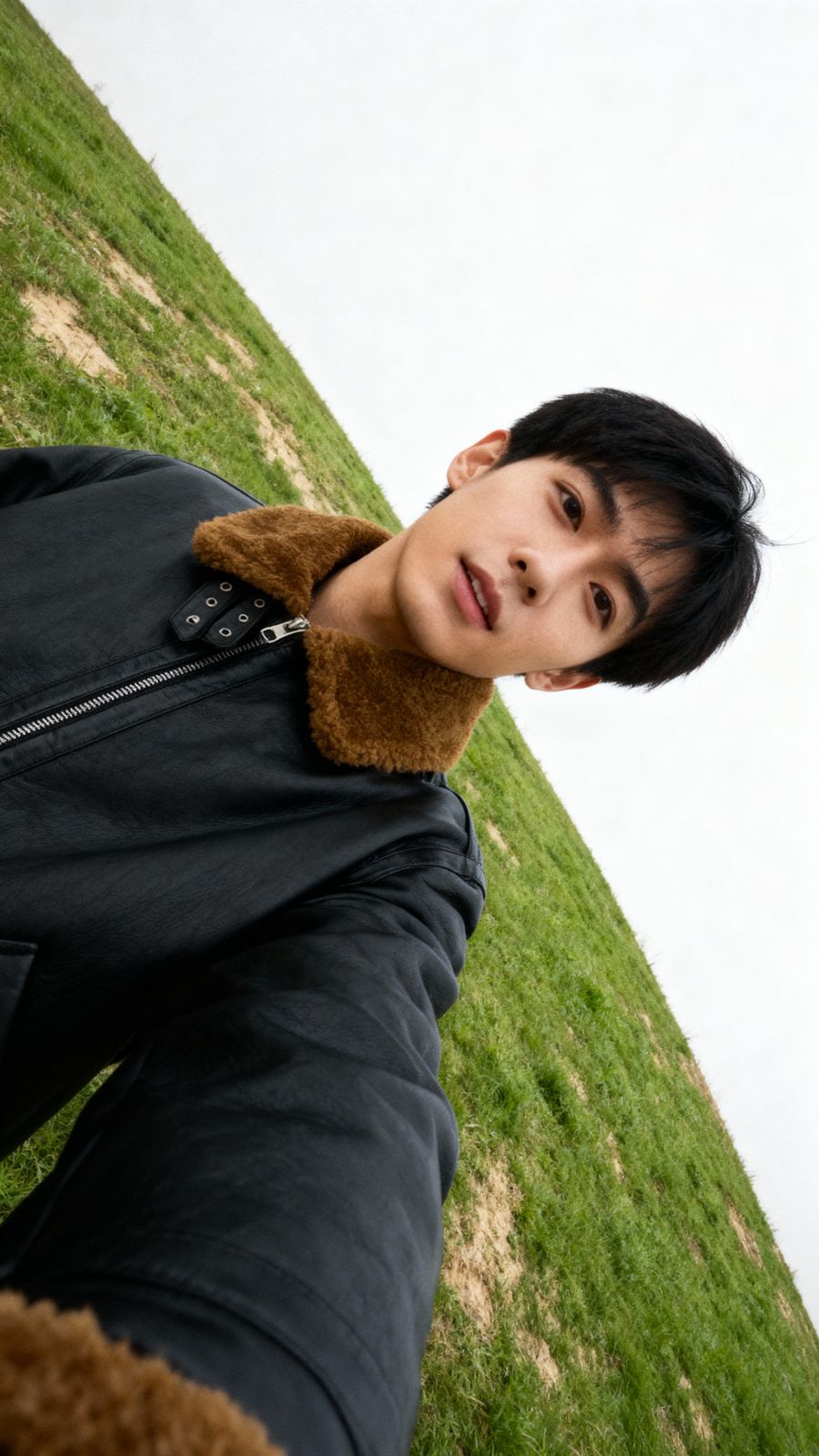 a young man is posing for a picture in the grass