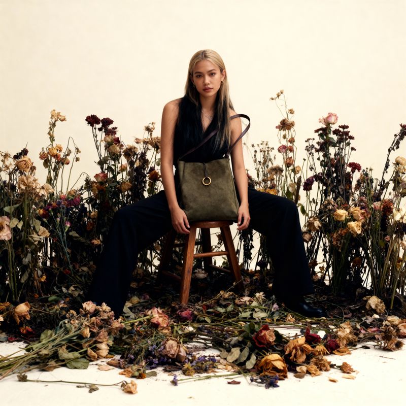 a woman sitting on a chair surrounded by flowers