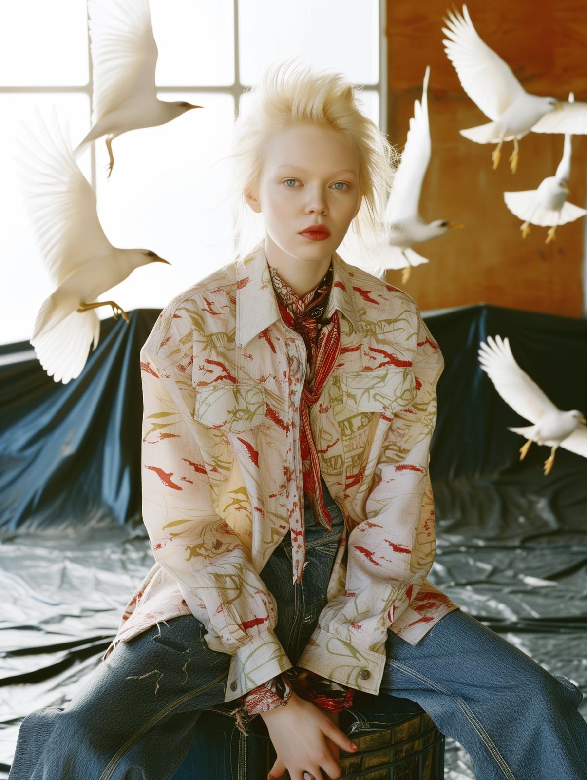 a woman sitting on a bed with birds flying around her