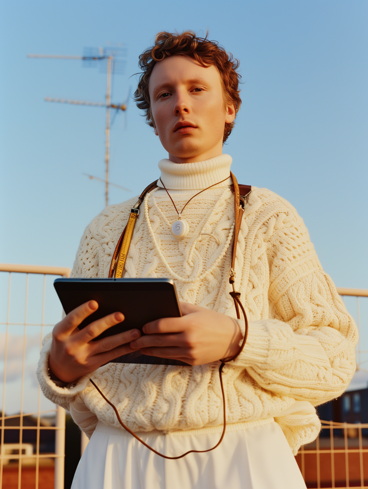 a woman in a white sweater holding a tablet