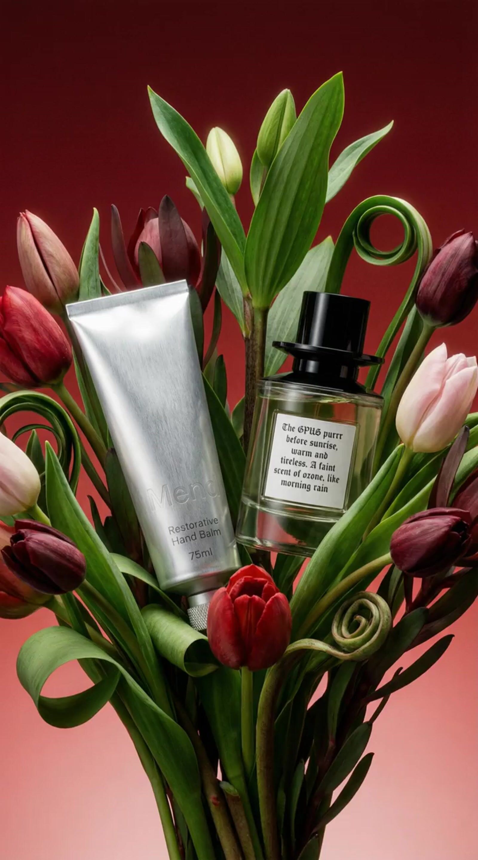 a vase filled with flowers and a bottle of perfume