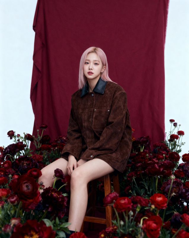 a woman sitting on a chair surrounded by flowers