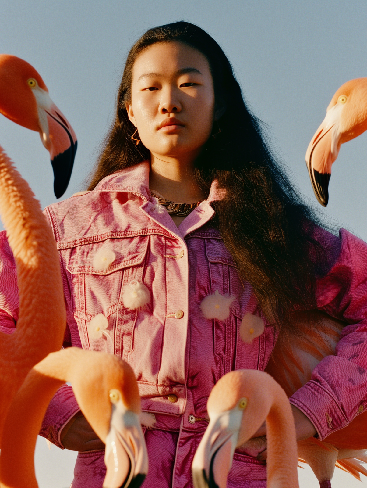 a woman in a pink jacket with flamingos around her