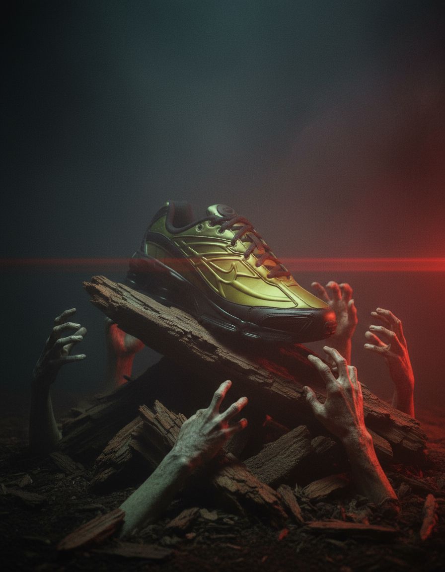a pair of running shoes sitting on top of a pile of wood