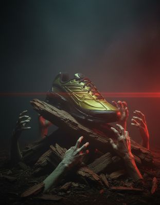 a pair of running shoes sitting on top of a pile of wood