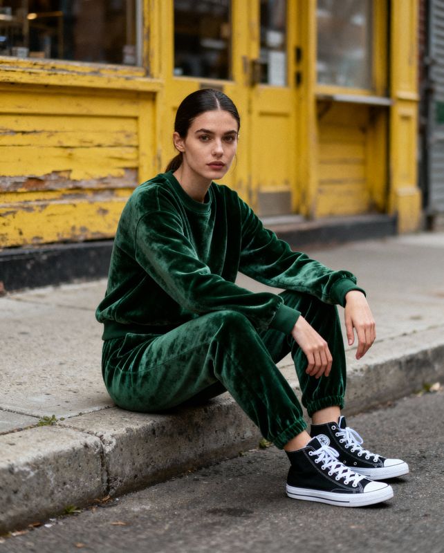 a woman sitting on the curb wearing a green outfit