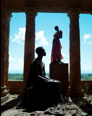 a statue of a man sitting next to a statue of a woman