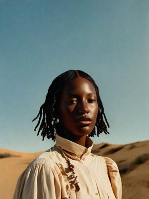 a woman with dreadlocks standing in the desert