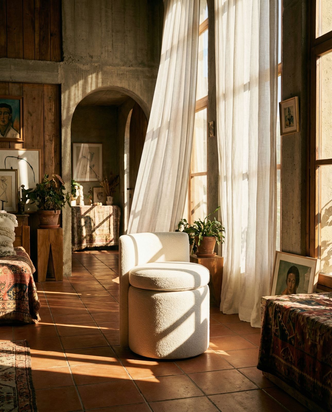 a living room with a chair and a window