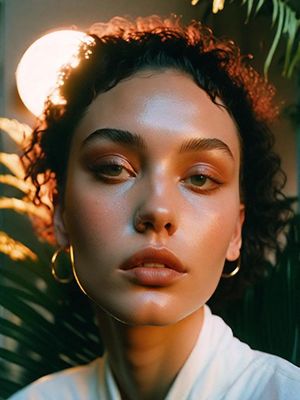 a woman with dark hair and large hoop earrings