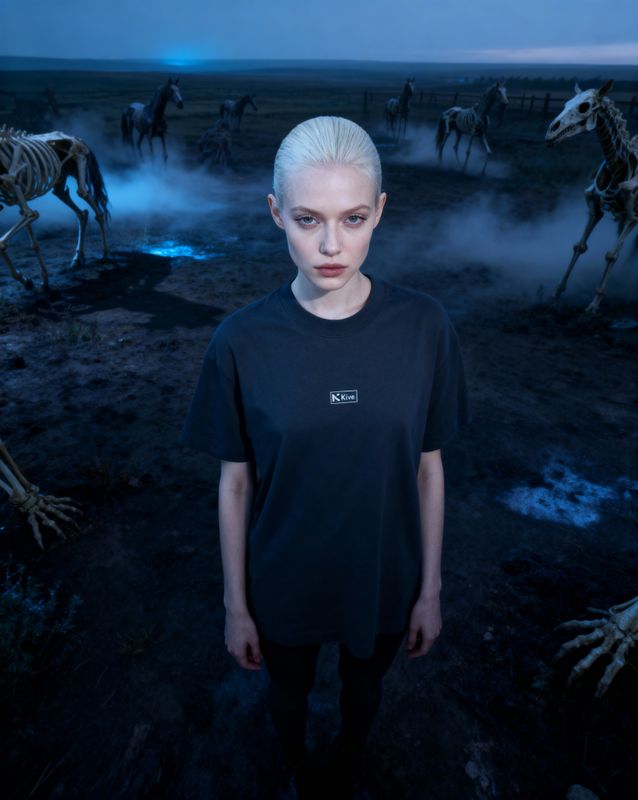 a woman standing in front of a group of skeletons