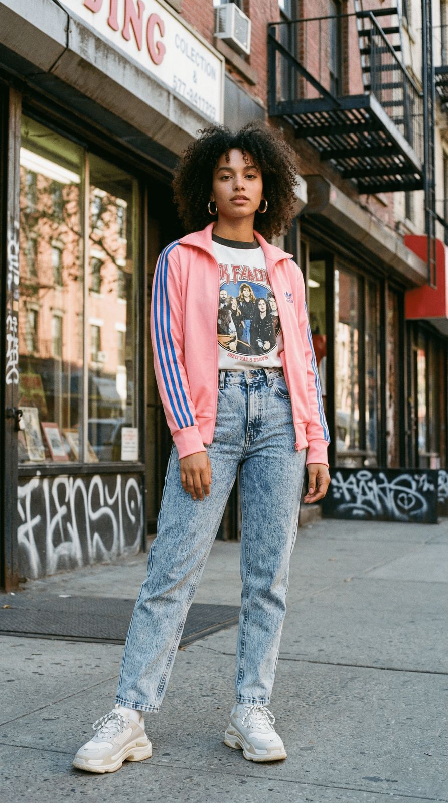 a woman standing on a sidewalk in front of a building