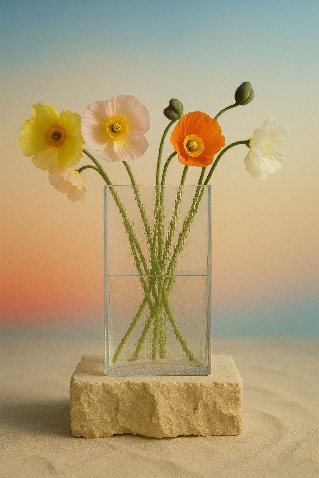a glass vase filled with flowers on top of a rock