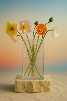 a glass vase filled with flowers on top of a rock