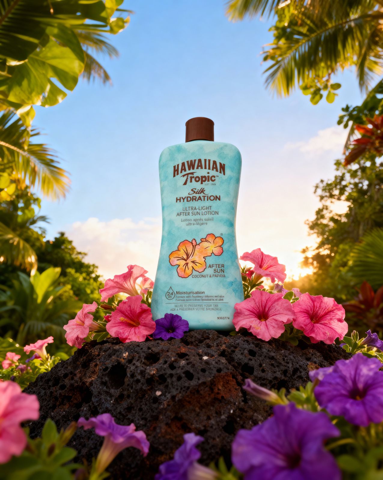 a bottle of hawaiian tanning lotion sitting on a rock surrounded by flowers