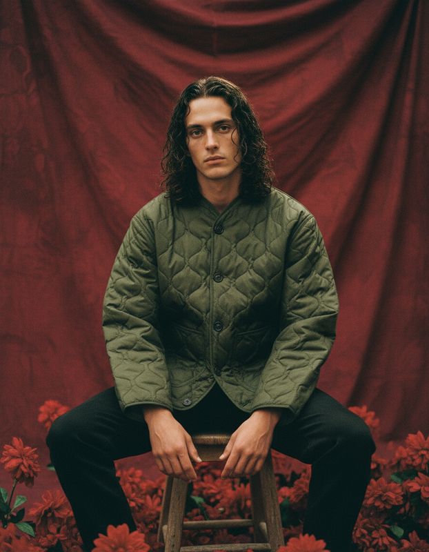 a man sitting on a stool in front of a red background