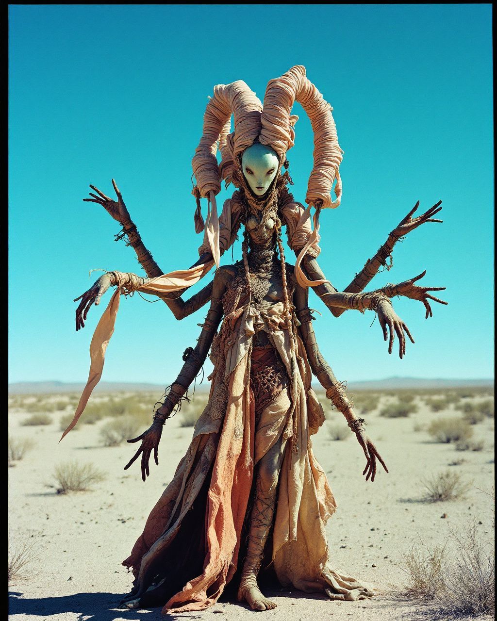 a woman dressed in a costume in the desert