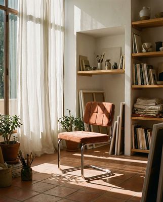 a room with a chair, bookshelf and a window