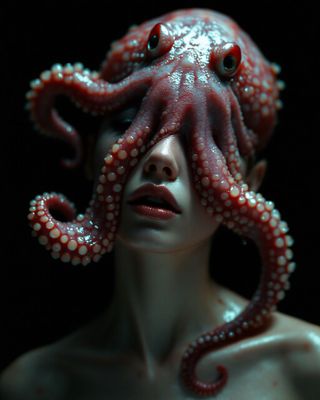 a close up of a person with an octopus on their head