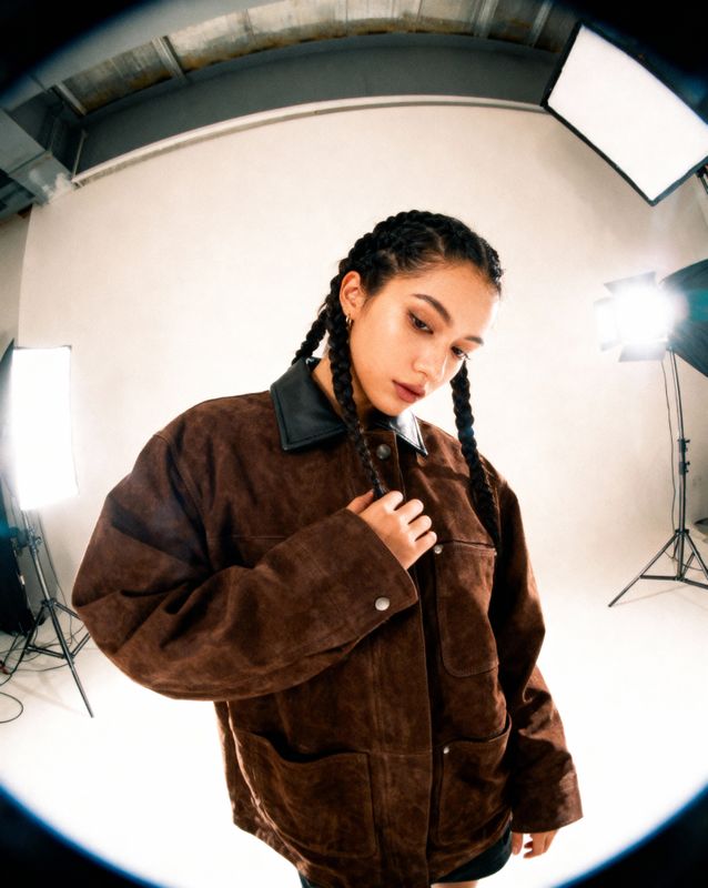 a woman in a brown jacket standing in front of a camera