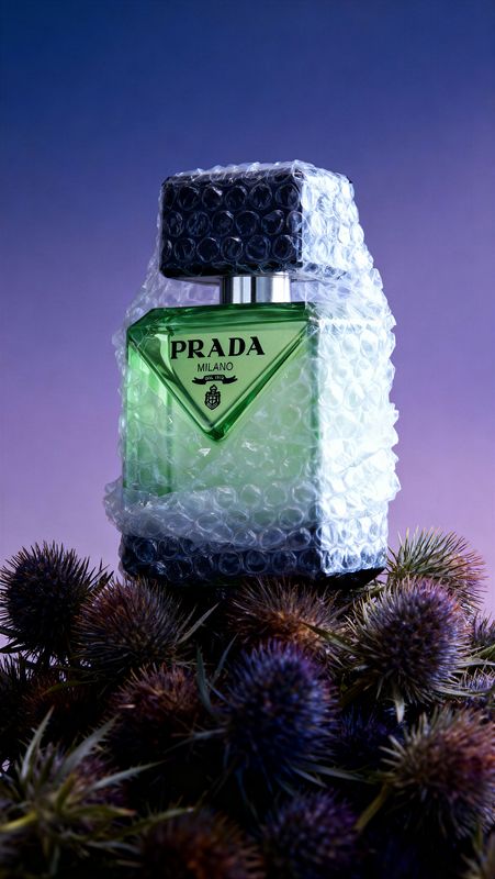 a bottle of prada cologne sitting on top of a pine tree