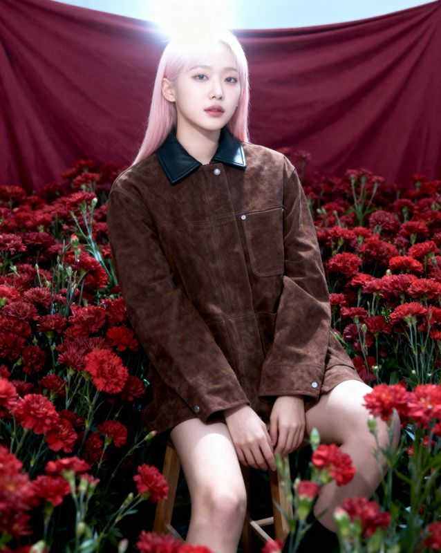 a woman sitting on a chair in a field of flowers