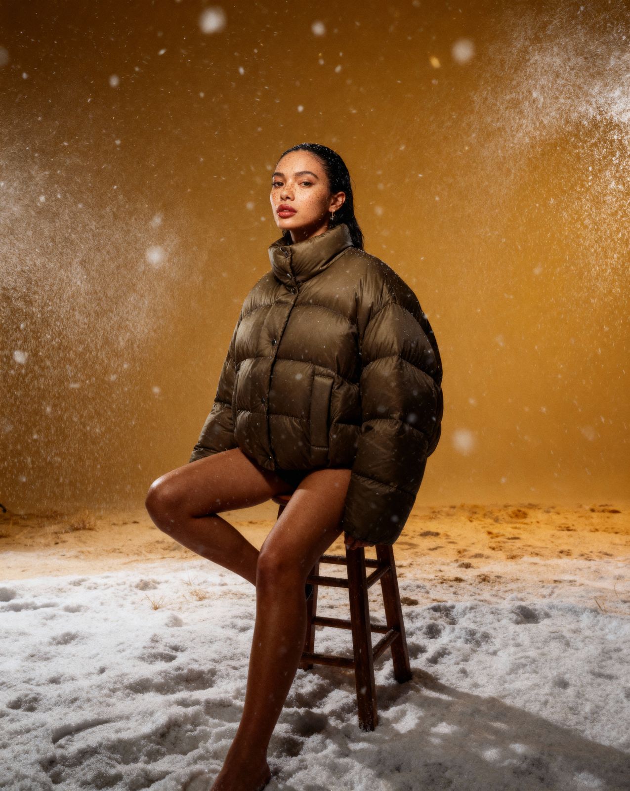 a woman sitting on a stool in the snow
