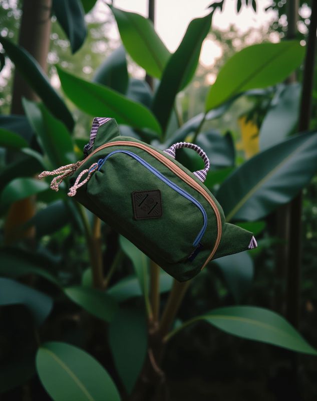 a green bag hanging from a tree in a forest