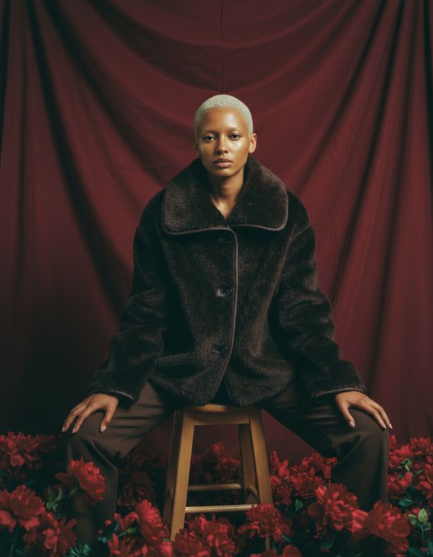 a man sitting on a stool in front of a red curtain
