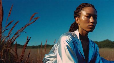 a woman with braids sitting in a field