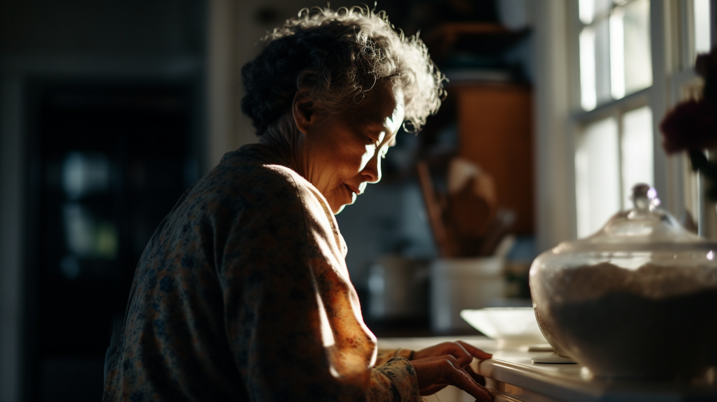 a woman sitting at a counter in front of a window