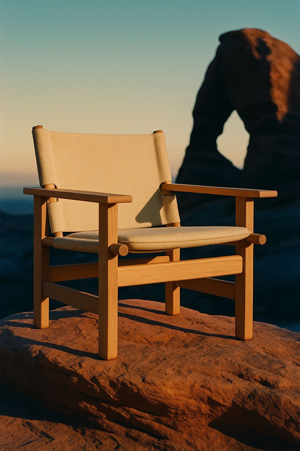 a wooden chair sitting on top of a rock