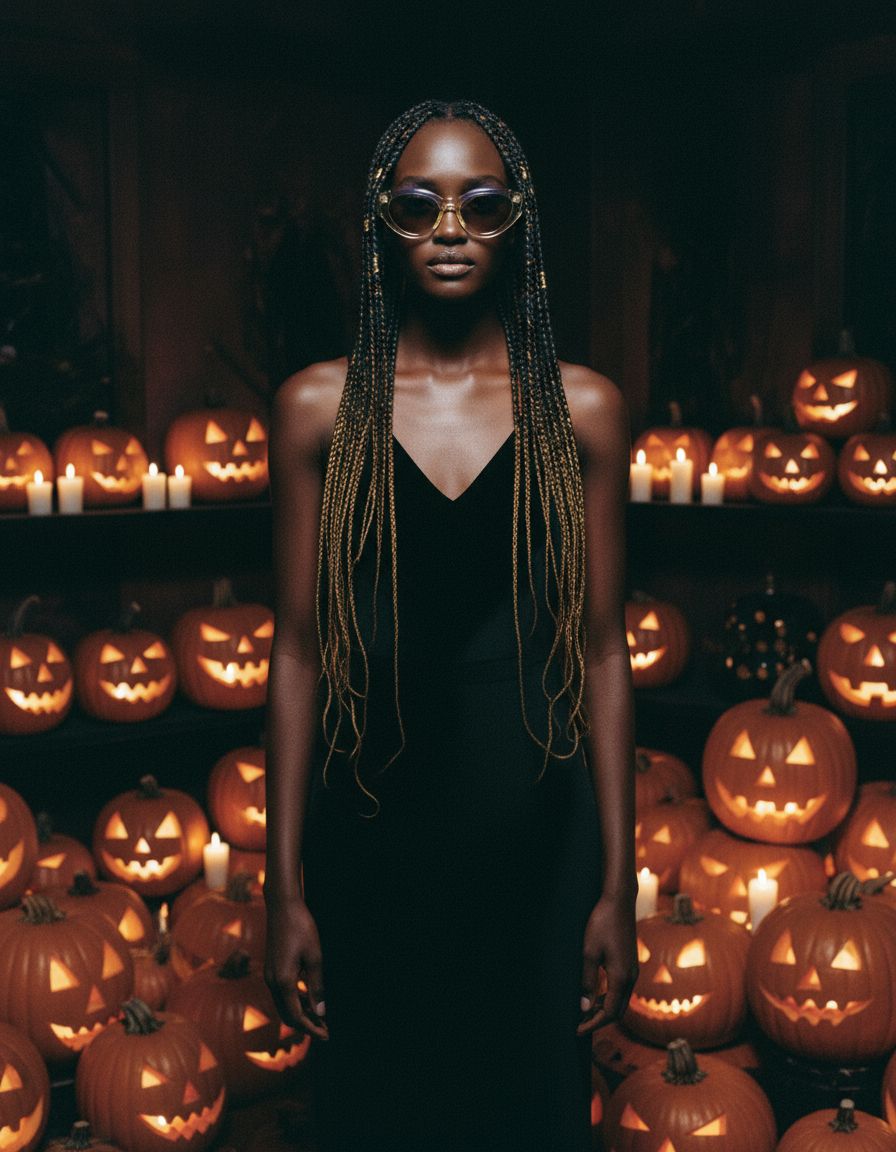 a woman standing in front of a display of pumpkins