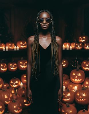 a woman standing in front of a display of pumpkins