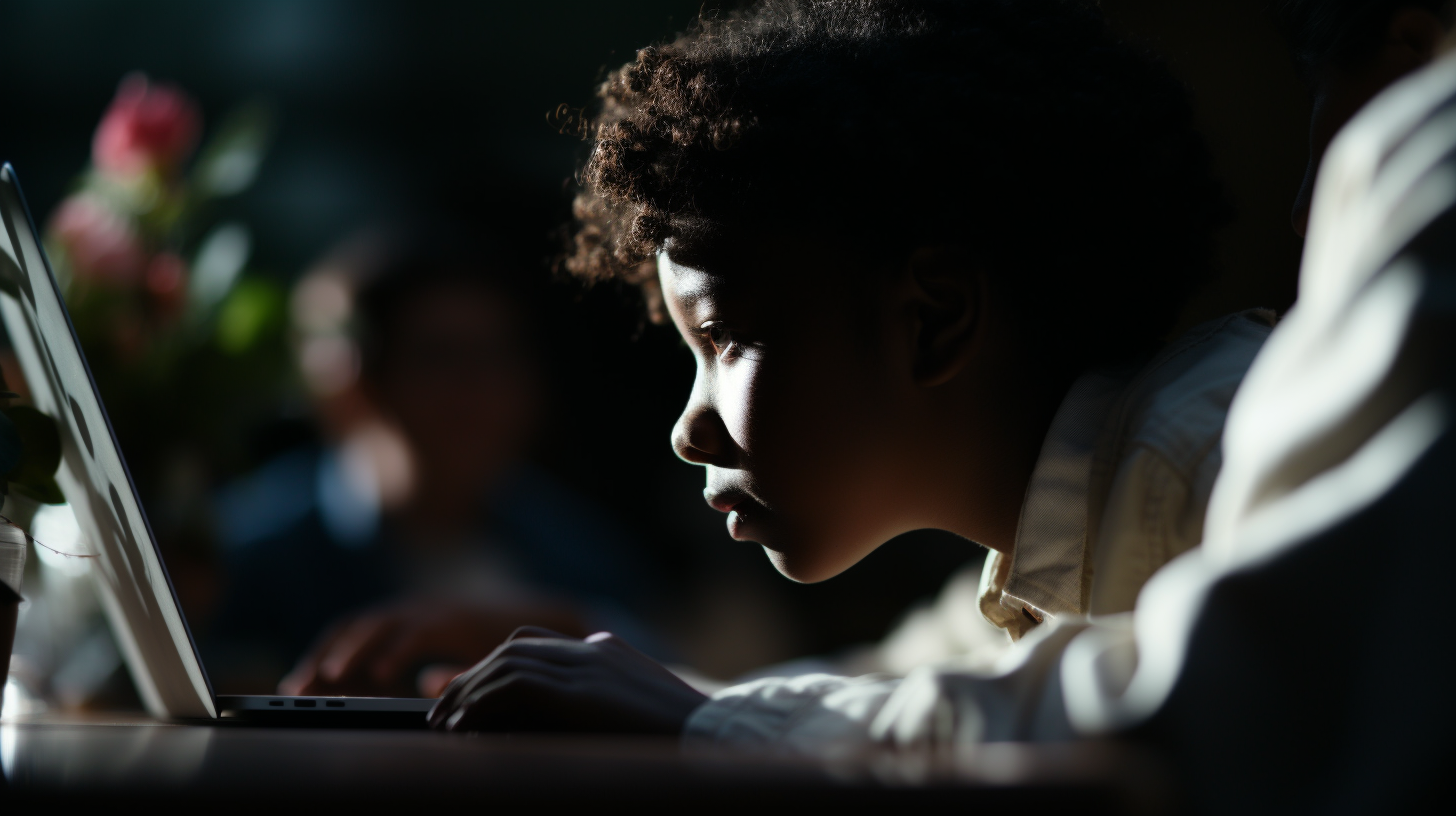 a young girl using a laptop computer in a dark room