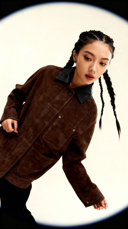 a woman in a brown jacket is posing for a picture