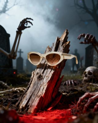 a pair of sunglasses sitting on top of a tree stump