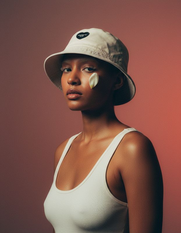 a woman wearing a white hat with a flower on it
