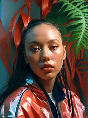 a woman with dreadlocks standing in front of a plant