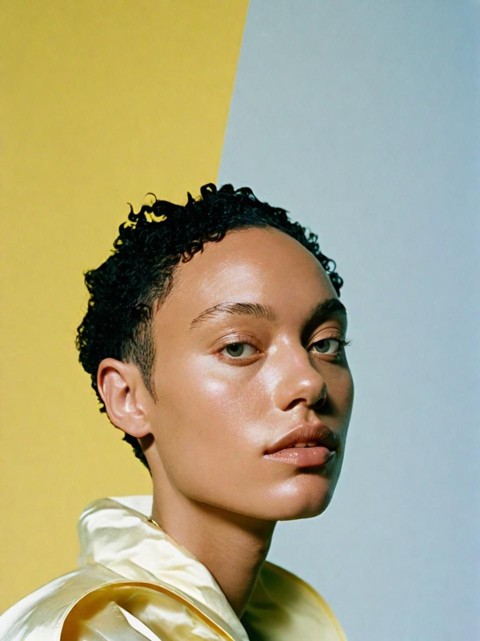 a woman with curly hair wearing a white shirt