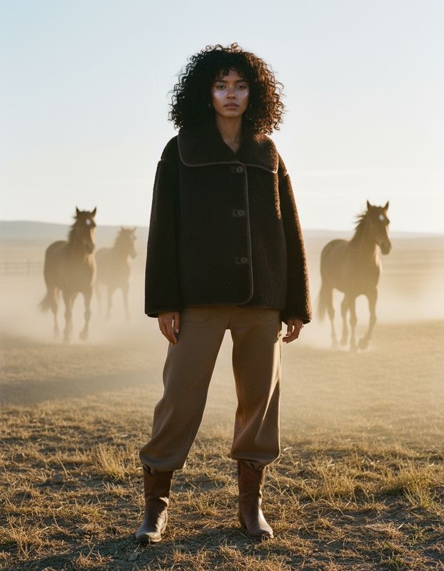 a woman standing in a field with horses behind her